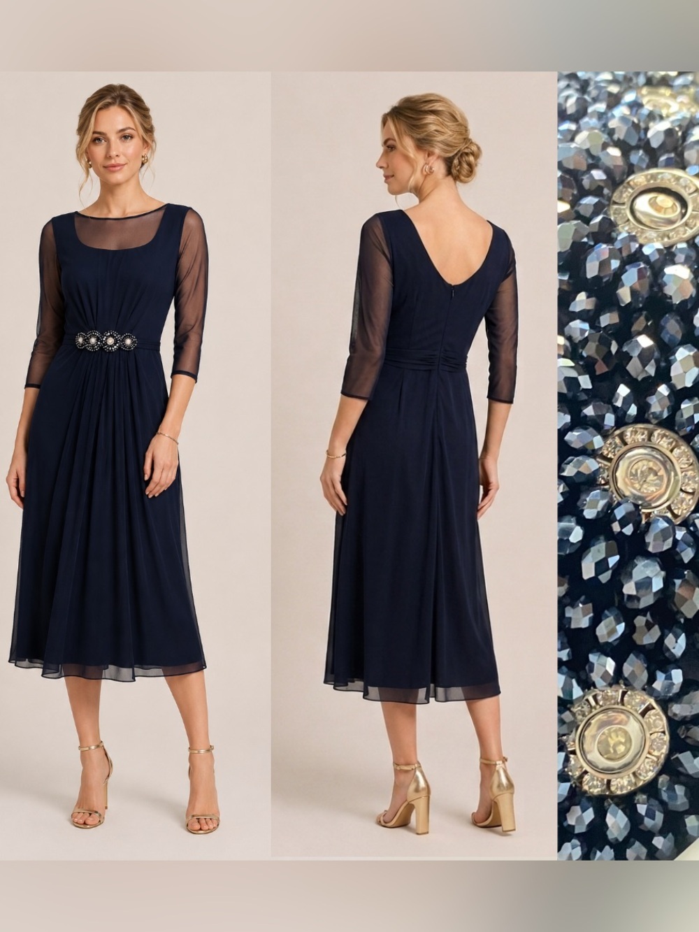 Navy Beaded Formal Midi Dress Sheer Wedding Guest Formal Draped Cinched Modest 6